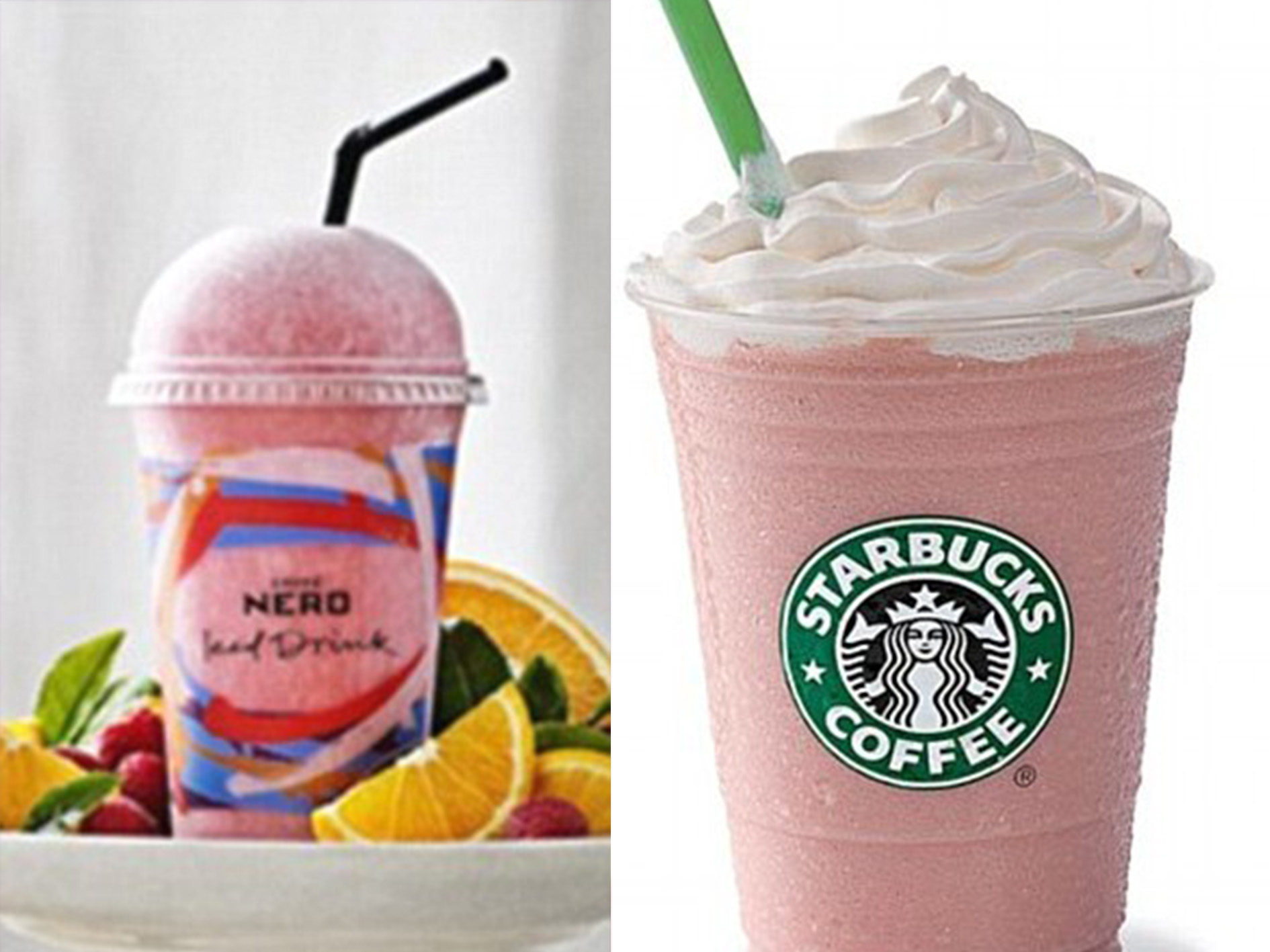 Caffe Nero Raspberry and Orange Fruit Booser and Starbucks Strawberies and Cream Frappuccino