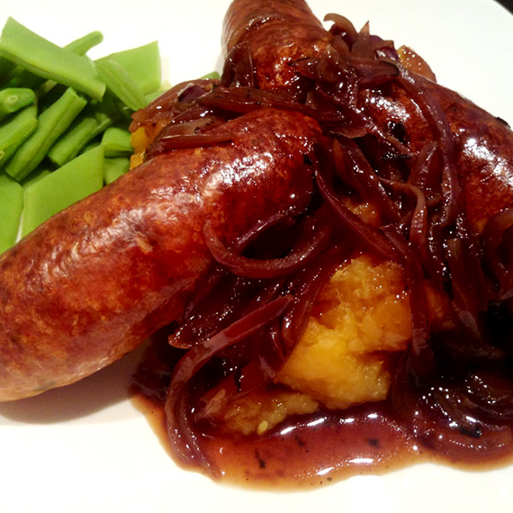Healthy Bangers, Mash & Onion Gravy