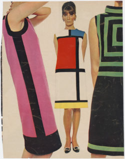 Peter Knapp, ELLE, septembre 1965. Robes de cocktail de la collection haute couture automne-hiver 1965 dite « hommage à Piet Mondrian »., © Yves Saint Laurent. Jeanne Lanvin-Castillo. Peter Knapp / ELLE France
