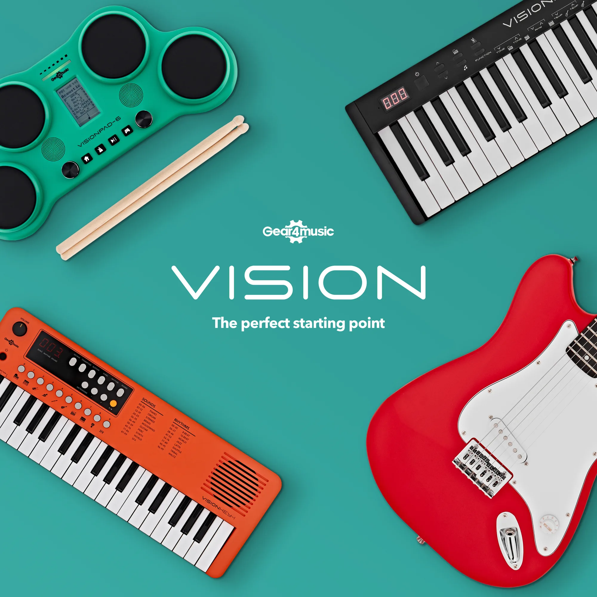 VISION by Gear4music: the perfect starting point. A drum pad, keyboards and an electric guitar