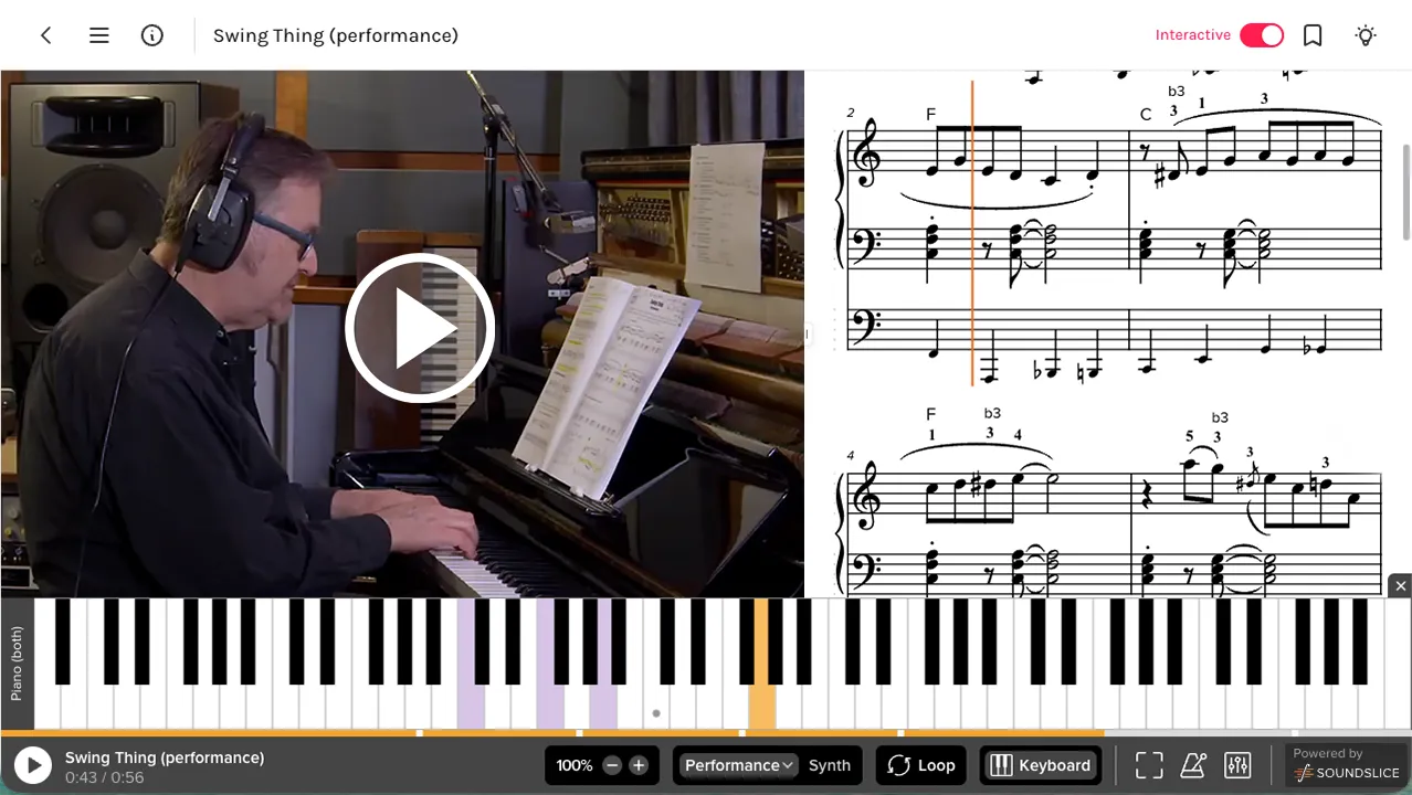 Tim Richards teaching Swing Thing on MusicGurus — video beside interactive sheet music with keyboard overlay