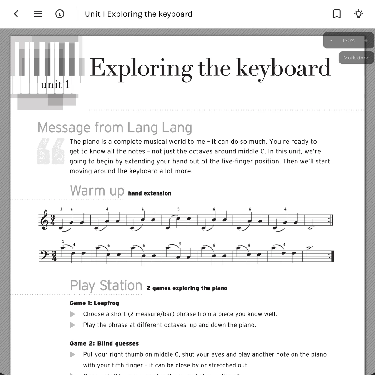 A page from the Lang Lang piano book as an interactive songbook unit, with notation and exercises