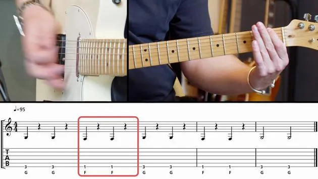 Riff mit der Note F und Pausen