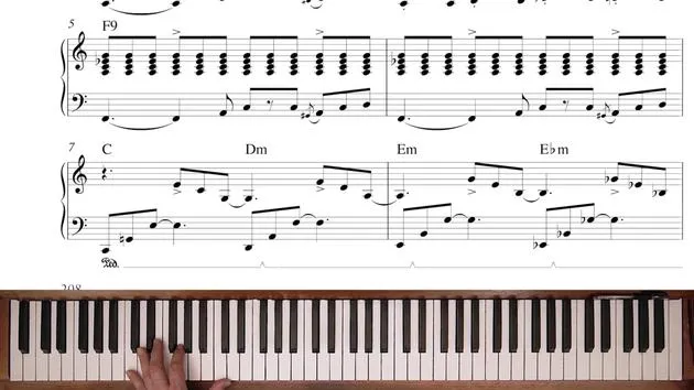 Usar el pedal de sustain con voicings estirados y décimas en la mano izquierda