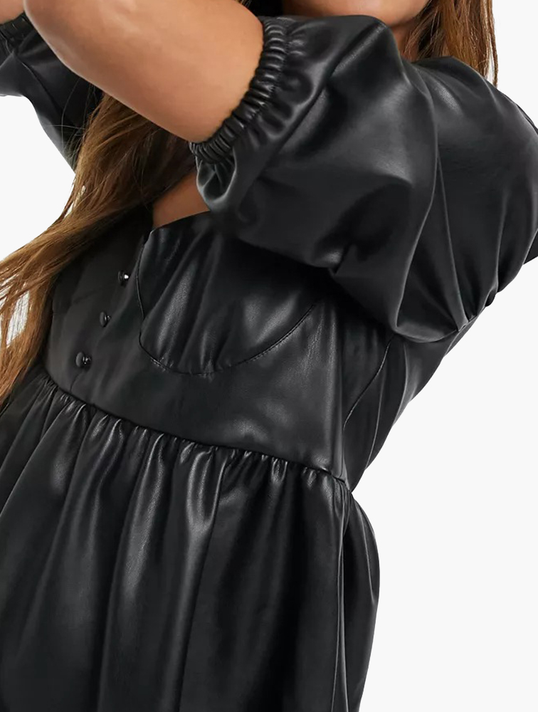 slim fit dress slacks Miss Selfridge faux leather long sleeve corset dress with puff sleeve main image 0