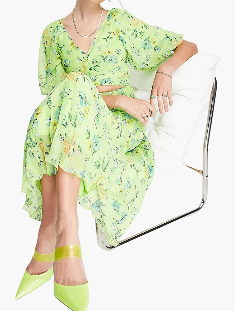 slim fit dress slacks Asos Design ruffle off shoulder midi dress in green based blue floral –  Augusthouseofbrands main image 1