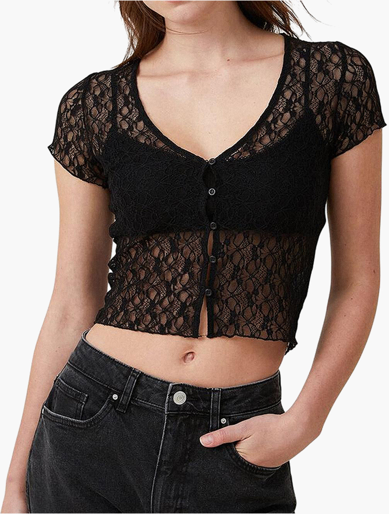 MyRunway | Shop Cotton On Zoey Cap Sleeve Lace Top - Black for