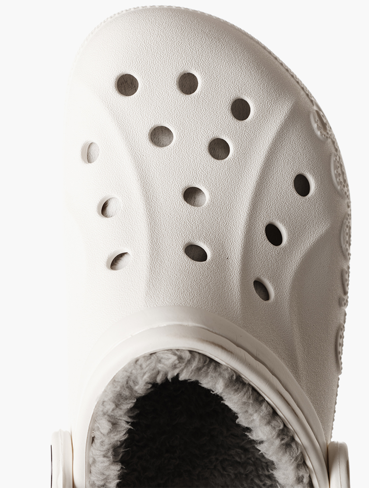 white crocs with grey fluff