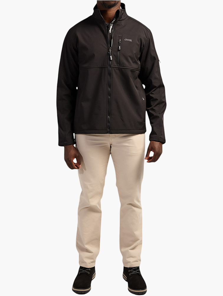 MyRunway | Shop Jeep Black Funnel Neck Softshell Jacket for Men