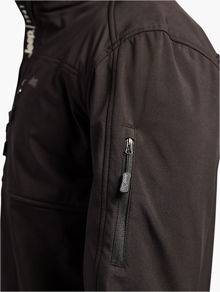 MyRunway | Shop Jeep Black Funnel Neck Softshell Jacket for Men