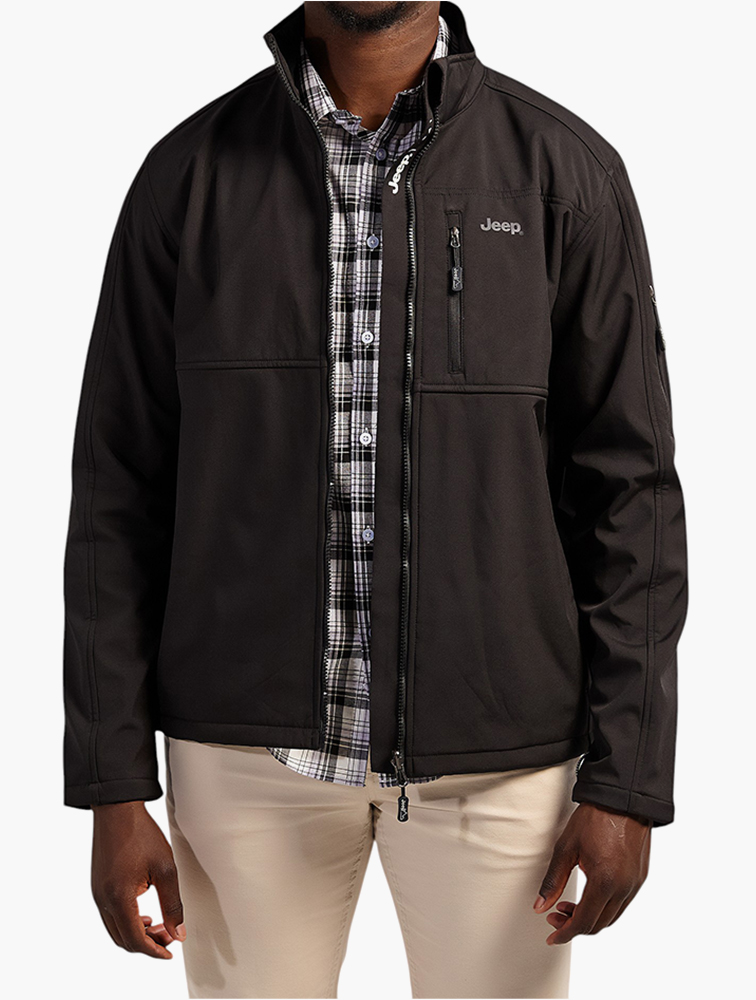 MyRunway | Shop Jeep Black Funnel Neck Softshell Jacket for Men