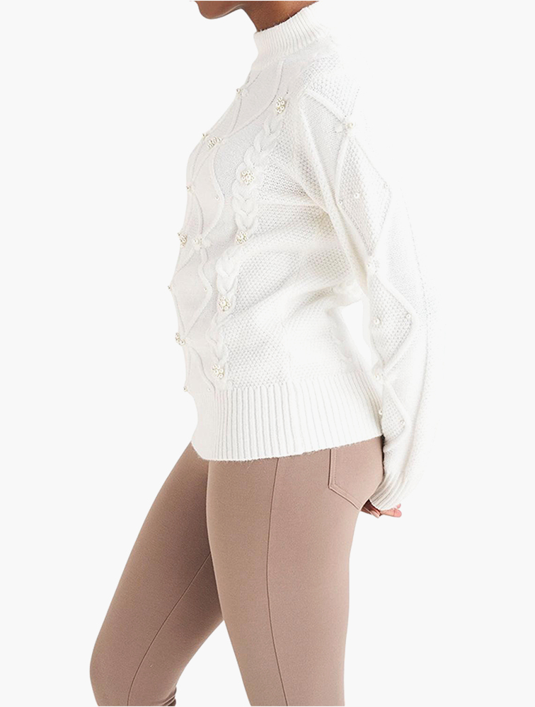 heve Tinker Knit white ホワイト MyRunway | Shop MILADYS White Embellished Cable Knit High Neck