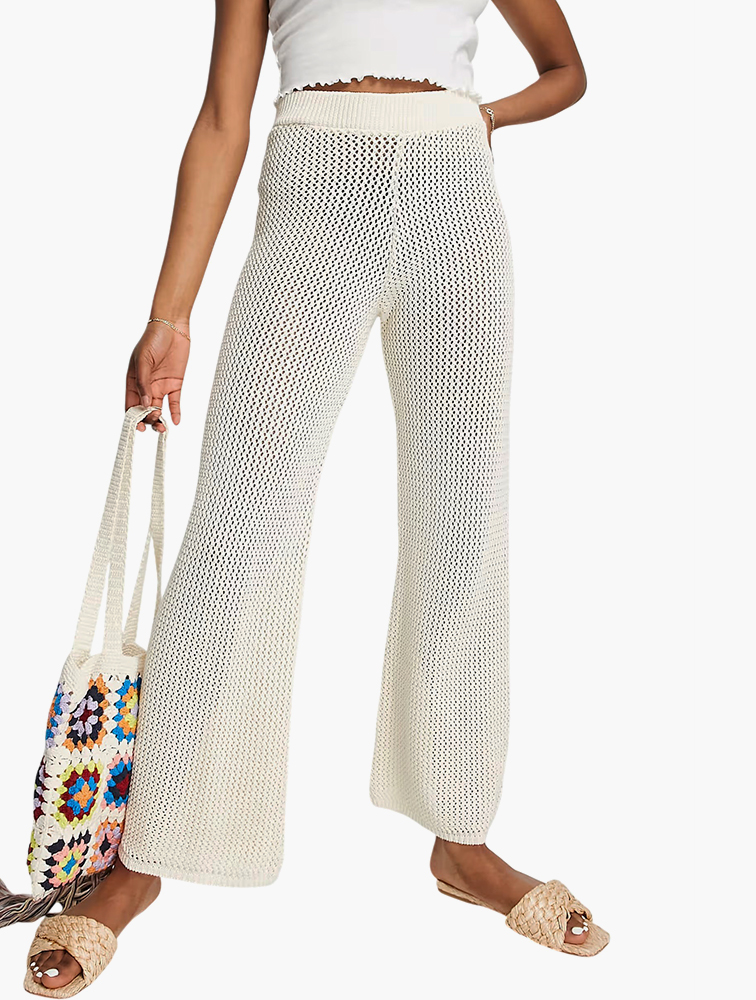 MyRunway | Shop Daily Finery Cream High Rise Crochet Trousers for