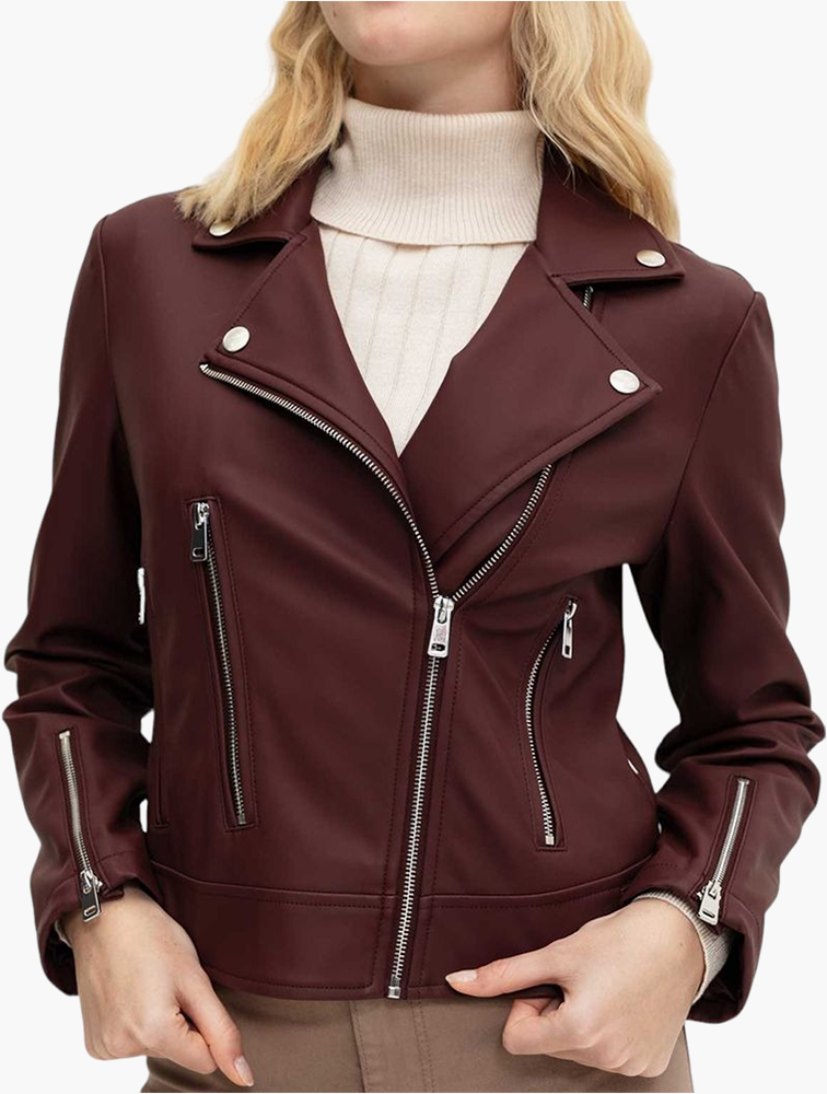 MyRunway Shop RE: Burgundy Asymmetric Zip Faux Leather Biker