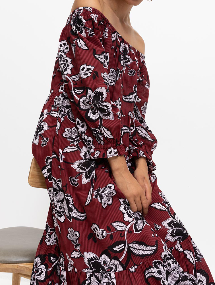 MyRunway | Shop Woolworths Burgundy Print Tiered Off Shoulder Midi