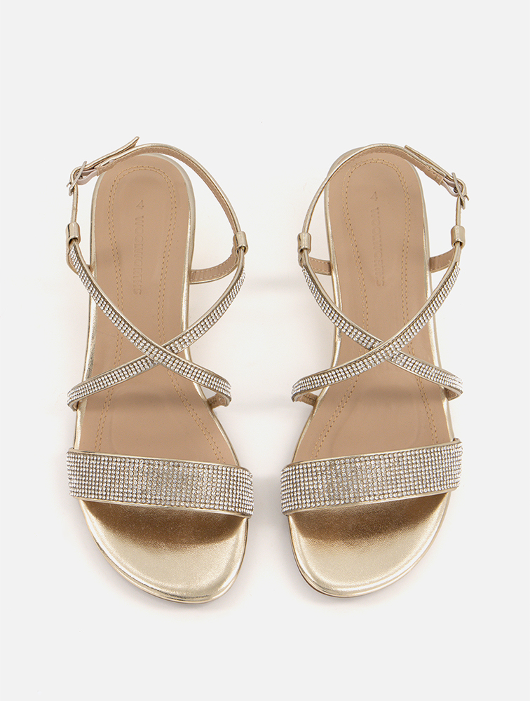 MyRunway | Shop Woolworths Gold Diamante Crossover Wedge Sandals