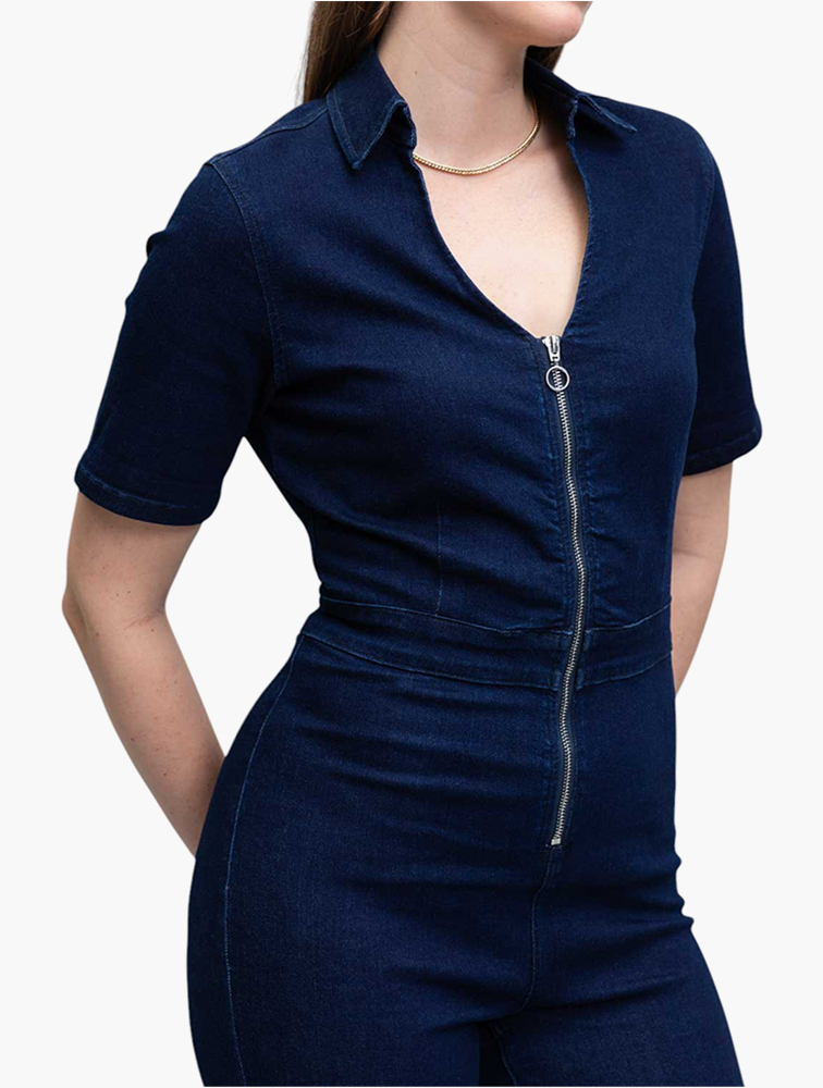 MyRunway | Shop Woolworths Blue Zipped Flare Denim Jumpsuit for