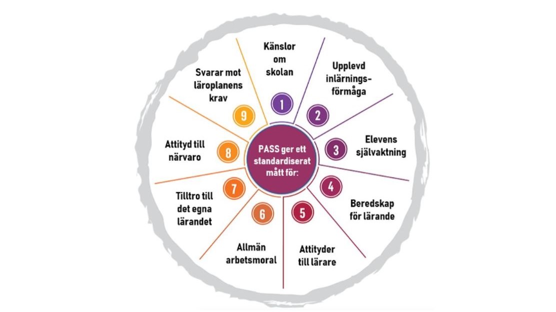 Nio faktorer som PASS enkäten mäter om elevers attityd till sig själva och skolan