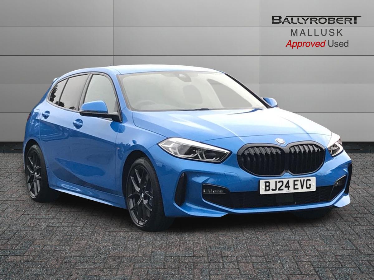 2024 BMW 1 Series BMW 1 SERIES 118i [136] M Sport 5dr Step Auto [LCP] Front sports seats, Height adjustable front head restraints, 3 rear seat head restraints, 3 seat bench in 2nd row, Driver and front passenger seat heating, Child seat ISOFIX attachment for two outer rear seats and front passenger seat with anchorage points, Single front passenger seat, M sport suspension, Anti roll bar front and rear, Drive Performance Control, Twin tube gas filled shock absorbers with degressive characteristic curve, On board computer, Personal Profile, BMW Teleservices, Optimum shift indicator, Oil sensor for level and grade, Check Control warning system for monitoring of lights and door/luggage compartment open warning, Integrated owners handbook, BMW ConnectedDrive online services, Rigidly mounted rear subframe - Multi link construction with separate spring / damper configuration and excellent driving characteristics, Locking wheel bolts, Central locking switch for all doors, fuel filler cap and luggage compartment, Thatcham Cat.1 alarm and immobiliser, Deadlocking function system to all doors, Remote control with integrated key with High-gloss Black inlay and M designation and 1 button for open/ close lock, window, open luggage compartment, Drive away locking system on all doors and luggage compartment with de-activated in iDrive settings, Wheel slip limitation close to the actuator (ARB), Start/stop button illuminated in centre console with keyless engine start and auto start stop deactivation button, Side impact protection, Seatbelt warning, Warning triangle and first aid kit, Tyre pressure monitoring system, BMW emergency call, 2 tone horn, Driver and front passenger seat belt security check, 3 point seatbelts on all seats, front pyrotechnic belt tensioners, stopper and belt force limiters, rear coded belt buckles, Child proof locking system in rear door, Crash sensor activating central locking release, hazard warning lights, fuel cut off, interior lighting + activation of safety battery terminal clamp, Airbags - Front driver/passenger, front and rear curtain head protection, front side, manual deactivation of front passenger airbag, Crash sensor activating of airbags, Unlocking doors, hazard warning lights, interior light, safety battery terminal, Anthracite headlining, Manual adjust steering wheel, Glove compartment, Front armrest, Multi-function controls for steering wheel, Folding rear clothes hook, Storage compartment in luggage compartment, Storage compartment in centre console, Front and rear door pockets with bottle holders, Conditioned based service, Four grab handles integrated in roof lining, Front and rear side armrest integrated into door trim, Driver and front passenger backrest net on rear, Dakota leather upholstery with perforation and contrast stitching, Driver side folding compartment in instrument panel, 12V power socket in front centre console with blanking plug, Type C two USB ports in rear centre console, Stowage of the parcel shelf in luggage compartment trim, 3 spoke sports leather steering wheel with black leather and stitching, pearl chrome decorative finish, specific M Badge, Two front centre console cupholders, Luggage compartment for bag hooks on left and right, foldable luggage compartment liner and two lashing eyelets, Luggage compartment for bag hooks on left and right, foldable luggage compartment liner and four lashing eyelets, Cargo function on 2nd seat row, Black boot net with lashing eyes, Body colour door handles, Shark fin antenna, Visible VIN plate, Front and rear bumper system with replaceable deformation elements, Lightweight engineering, Chrome 'M' logo side designation, Body colour roof trims, Fading support, Matt black air guide grilles, Chrome kidney grille frame with Satin Aluminium struts, Front door sill finishers in black plastic with M designation in metallic look, High gloss shadowline window frame, Recess cover mirror frames and B/C pillar embelisher trim, Model designation on electric bootlid, Chrome exhaust twin tailpipes round 90mm in left, Matt black wheel arch trim, Rear side wing doors, High level third brake light, Follow me home headlights, Automatic headlight beam throw control, Welcome lighting, LED daytime running lights, LED Headlights, LED front fog lights, Rear fog lights, Direction indicator side lights in exterior mirrors, Nearside reverse light in rear light cluster, LED eyebrow turn indicators, Preparation for high beam assistant, Auto dimming rear view mirror, Body colour mirror caps, Heated, electrically adjustable exterior mirror aspheric on driver side, convex on passenger side, Folding side mirrors with auto dimming/folding wing mirrors with auto dimming, Electrically adjustable exterior mirror with mirror adjustment switch on drivers armrest and aspheric on driver side, convex on passenger side, Cornering brake control, Dynamic Traction Control - DTC, Brake drying, Front and rear disc brakes, Anti lock braking system (ABS) with brake assist, Braking readiness, Dynamic stability control + (DSC+), City braking function, Electrically operated hand brake including automatic hold function, Comfort modes, Lane departure warning system, Cruise control with brake assist, Speed limiter, Attentiveness assist, Active guard plus, Cruise control with speed limiter, Front axle single joint with specific axle kinematics to minimise drive influences on steering + provide increased rigidity agile driving behaviour, Speed limit Info including no-overtaking indicator, Ambient interior lighting, DAB Digital radio, Stereo speaker system with 2 mid range speakers in the front door trims and rear parcel shelf + 2 central bass speakers underneath the front seats, Interior lights pack - 1 Series, Connected pack professional - 1 Series, M Sport exterior styling aerodynamics pack - 1 Series, Additional interior lighting pack - 1 Series, Additional storage compartment pack - 1 Series, BMW live cockpit professional pack- 1 Series, Additional storage compartment pack with code 493 -1 series, Electronic differential lock, 7 speed automatic transmission with double clutch technology, Petrol Particulate Filter, High precision injection, Balancer shaft, VALVETRONIC engine management, Aluminium lightweight construction, Double VANOS twin scroll turbocharging system, Velour floor mats, Floor mats in anthracite velour with contrasting colour seam to match contrast stitching on instrument panel, Rear window wiper, Green tinted heat protection glazing, Front and rear electric windows with open and close fingertip control, anti trap facility and comfort closing, Automatic windscreen wipers and automatic headlight, Integrated front windscreen with washer jets, Reduced rolling resistance tyres, Electrically powered 12V compressor, Eco pro mode, Pull away assistant, Two zone automatic air conditioning, Contrast stitching on instrument panel, 18" Burnished M double spoke bi-colour alloy wheels finished in orbit grey - style 819M, Sun visors with vanity mirrors and insert tab, Bluetooth / WiFi interface for wireless connection of mobile terminal devices and audio streaming, Trailer stabilisation logic - vehicle photo 1 for sale on PureCar