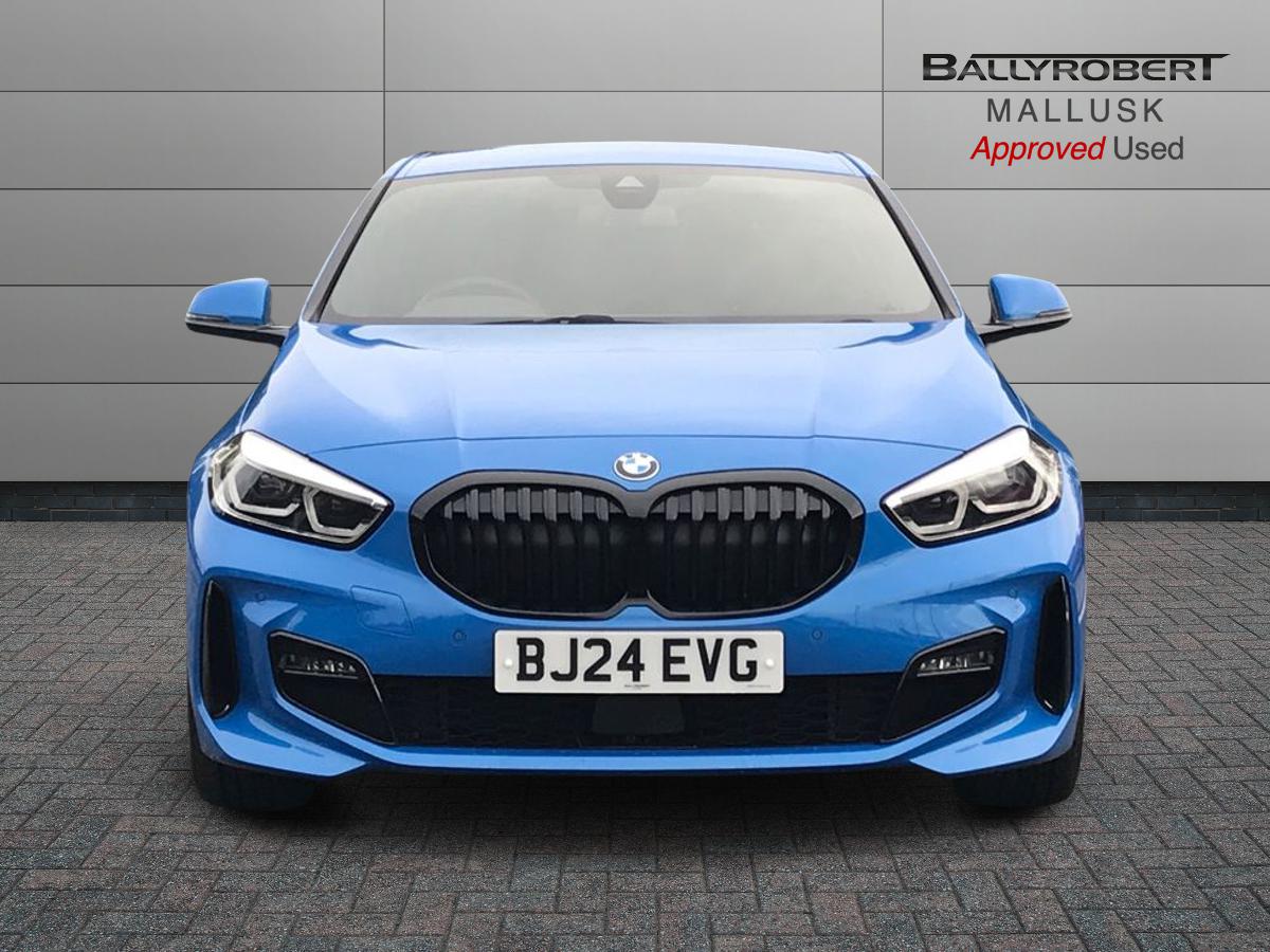 2024 BMW 1 Series BMW 1 SERIES 118i [136] M Sport 5dr Step Auto [LCP] Front sports seats, Height adjustable front head restraints, 3 rear seat head restraints, 3 seat bench in 2nd row, Driver and front passenger seat heating, Child seat ISOFIX attachment for two outer rear seats and front passenger seat with anchorage points, Single front passenger seat, M sport suspension, Anti roll bar front and rear, Drive Performance Control, Twin tube gas filled shock absorbers with degressive characteristic curve, On board computer, Personal Profile, BMW Teleservices, Optimum shift indicator, Oil sensor for level and grade, Check Control warning system for monitoring of lights and door/luggage compartment open warning, Integrated owners handbook, BMW ConnectedDrive online services, Rigidly mounted rear subframe - Multi link construction with separate spring / damper configuration and excellent driving characteristics, Locking wheel bolts, Central locking switch for all doors, fuel filler cap and luggage compartment, Thatcham Cat.1 alarm and immobiliser, Deadlocking function system to all doors, Remote control with integrated key with High-gloss Black inlay and M designation and 1 button for open/ close lock, window, open luggage compartment, Drive away locking system on all doors and luggage compartment with de-activated in iDrive settings, Wheel slip limitation close to the actuator (ARB), Start/stop button illuminated in centre console with keyless engine start and auto start stop deactivation button, Side impact protection, Seatbelt warning, Warning triangle and first aid kit, Tyre pressure monitoring system, BMW emergency call, 2 tone horn, Driver and front passenger seat belt security check, 3 point seatbelts on all seats, front pyrotechnic belt tensioners, stopper and belt force limiters, rear coded belt buckles, Child proof locking system in rear door, Crash sensor activating central locking release, hazard warning lights, fuel cut off, interior lighting + activation of safety battery terminal clamp, Airbags - Front driver/passenger, front and rear curtain head protection, front side, manual deactivation of front passenger airbag, Crash sensor activating of airbags, Unlocking doors, hazard warning lights, interior light, safety battery terminal, Anthracite headlining, Manual adjust steering wheel, Glove compartment, Front armrest, Multi-function controls for steering wheel, Folding rear clothes hook, Storage compartment in luggage compartment, Storage compartment in centre console, Front and rear door pockets with bottle holders, Conditioned based service, Four grab handles integrated in roof lining, Front and rear side armrest integrated into door trim, Driver and front passenger backrest net on rear, Dakota leather upholstery with perforation and contrast stitching, Driver side folding compartment in instrument panel, 12V power socket in front centre console with blanking plug, Type C two USB ports in rear centre console, Stowage of the parcel shelf in luggage compartment trim, 3 spoke sports leather steering wheel with black leather and stitching, pearl chrome decorative finish, specific M Badge, Two front centre console cupholders, Luggage compartment for bag hooks on left and right, foldable luggage compartment liner and two lashing eyelets, Luggage compartment for bag hooks on left and right, foldable luggage compartment liner and four lashing eyelets, Cargo function on 2nd seat row, Black boot net with lashing eyes, Body colour door handles, Shark fin antenna, Visible VIN plate, Front and rear bumper system with replaceable deformation elements, Lightweight engineering, Chrome 'M' logo side designation, Body colour roof trims, Fading support, Matt black air guide grilles, Chrome kidney grille frame with Satin Aluminium struts, Front door sill finishers in black plastic with M designation in metallic look, High gloss shadowline window frame, Recess cover mirror frames and B/C pillar embelisher trim, Model designation on electric bootlid, Chrome exhaust twin tailpipes round 90mm in left, Matt black wheel arch trim, Rear side wing doors, High level third brake light, Follow me home headlights, Automatic headlight beam throw control, Welcome lighting, LED daytime running lights, LED Headlights, LED front fog lights, Rear fog lights, Direction indicator side lights in exterior mirrors, Nearside reverse light in rear light cluster, LED eyebrow turn indicators, Preparation for high beam assistant, Auto dimming rear view mirror, Body colour mirror caps, Heated, electrically adjustable exterior mirror aspheric on driver side, convex on passenger side, Folding side mirrors with auto dimming/folding wing mirrors with auto dimming, Electrically adjustable exterior mirror with mirror adjustment switch on drivers armrest and aspheric on driver side, convex on passenger side, Cornering brake control, Dynamic Traction Control - DTC, Brake drying, Front and rear disc brakes, Anti lock braking system (ABS) with brake assist, Braking readiness, Dynamic stability control + (DSC+), City braking function, Electrically operated hand brake including automatic hold function, Comfort modes, Lane departure warning system, Cruise control with brake assist, Speed limiter, Attentiveness assist, Active guard plus, Cruise control with speed limiter, Front axle single joint with specific axle kinematics to minimise drive influences on steering + provide increased rigidity agile driving behaviour, Speed limit Info including no-overtaking indicator, Ambient interior lighting, DAB Digital radio, Stereo speaker system with 2 mid range speakers in the front door trims and rear parcel shelf + 2 central bass speakers underneath the front seats, Interior lights pack - 1 Series, Connected pack professional - 1 Series, M Sport exterior styling aerodynamics pack - 1 Series, Additional interior lighting pack - 1 Series, Additional storage compartment pack - 1 Series, BMW live cockpit professional pack- 1 Series, Additional storage compartment pack with code 493 -1 series, Electronic differential lock, 7 speed automatic transmission with double clutch technology, Petrol Particulate Filter, High precision injection, Balancer shaft, VALVETRONIC engine management, Aluminium lightweight construction, Double VANOS twin scroll turbocharging system, Velour floor mats, Floor mats in anthracite velour with contrasting colour seam to match contrast stitching on instrument panel, Rear window wiper, Green tinted heat protection glazing, Front and rear electric windows with open and close fingertip control, anti trap facility and comfort closing, Automatic windscreen wipers and automatic headlight, Integrated front windscreen with washer jets, Reduced rolling resistance tyres, Electrically powered 12V compressor, Eco pro mode, Pull away assistant, Two zone automatic air conditioning, Contrast stitching on instrument panel, 18" Burnished M double spoke bi-colour alloy wheels finished in orbit grey - style 819M, Sun visors with vanity mirrors and insert tab, Bluetooth / WiFi interface for wireless connection of mobile terminal devices and audio streaming, Trailer stabilisation logic - vehicle photo 10 for sale on PureCar