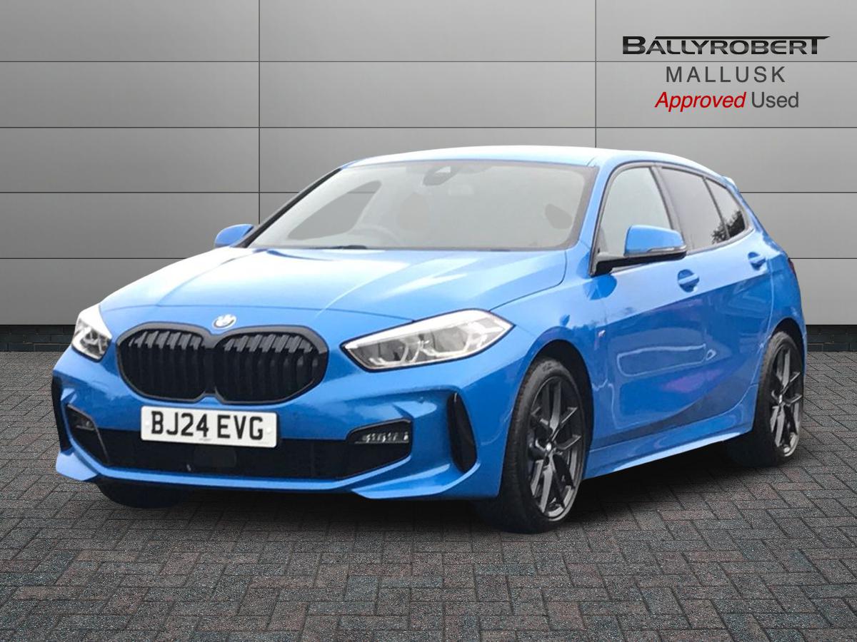 2024 BMW 1 Series BMW 1 SERIES 118i [136] M Sport 5dr Step Auto [LCP] Front sports seats, Height adjustable front head restraints, 3 rear seat head restraints, 3 seat bench in 2nd row, Driver and front passenger seat heating, Child seat ISOFIX attachment for two outer rear seats and front passenger seat with anchorage points, Single front passenger seat, M sport suspension, Anti roll bar front and rear, Drive Performance Control, Twin tube gas filled shock absorbers with degressive characteristic curve, On board computer, Personal Profile, BMW Teleservices, Optimum shift indicator, Oil sensor for level and grade, Check Control warning system for monitoring of lights and door/luggage compartment open warning, Integrated owners handbook, BMW ConnectedDrive online services, Rigidly mounted rear subframe - Multi link construction with separate spring / damper configuration and excellent driving characteristics, Locking wheel bolts, Central locking switch for all doors, fuel filler cap and luggage compartment, Thatcham Cat.1 alarm and immobiliser, Deadlocking function system to all doors, Remote control with integrated key with High-gloss Black inlay and M designation and 1 button for open/ close lock, window, open luggage compartment, Drive away locking system on all doors and luggage compartment with de-activated in iDrive settings, Wheel slip limitation close to the actuator (ARB), Start/stop button illuminated in centre console with keyless engine start and auto start stop deactivation button, Side impact protection, Seatbelt warning, Warning triangle and first aid kit, Tyre pressure monitoring system, BMW emergency call, 2 tone horn, Driver and front passenger seat belt security check, 3 point seatbelts on all seats, front pyrotechnic belt tensioners, stopper and belt force limiters, rear coded belt buckles, Child proof locking system in rear door, Crash sensor activating central locking release, hazard warning lights, fuel cut off, interior lighting + activation of safety battery terminal clamp, Airbags - Front driver/passenger, front and rear curtain head protection, front side, manual deactivation of front passenger airbag, Crash sensor activating of airbags, Unlocking doors, hazard warning lights, interior light, safety battery terminal, Anthracite headlining, Manual adjust steering wheel, Glove compartment, Front armrest, Multi-function controls for steering wheel, Folding rear clothes hook, Storage compartment in luggage compartment, Storage compartment in centre console, Front and rear door pockets with bottle holders, Conditioned based service, Four grab handles integrated in roof lining, Front and rear side armrest integrated into door trim, Driver and front passenger backrest net on rear, Dakota leather upholstery with perforation and contrast stitching, Driver side folding compartment in instrument panel, 12V power socket in front centre console with blanking plug, Type C two USB ports in rear centre console, Stowage of the parcel shelf in luggage compartment trim, 3 spoke sports leather steering wheel with black leather and stitching, pearl chrome decorative finish, specific M Badge, Two front centre console cupholders, Luggage compartment for bag hooks on left and right, foldable luggage compartment liner and two lashing eyelets, Luggage compartment for bag hooks on left and right, foldable luggage compartment liner and four lashing eyelets, Cargo function on 2nd seat row, Black boot net with lashing eyes, Body colour door handles, Shark fin antenna, Visible VIN plate, Front and rear bumper system with replaceable deformation elements, Lightweight engineering, Chrome 'M' logo side designation, Body colour roof trims, Fading support, Matt black air guide grilles, Chrome kidney grille frame with Satin Aluminium struts, Front door sill finishers in black plastic with M designation in metallic look, High gloss shadowline window frame, Recess cover mirror frames and B/C pillar embelisher trim, Model designation on electric bootlid, Chrome exhaust twin tailpipes round 90mm in left, Matt black wheel arch trim, Rear side wing doors, High level third brake light, Follow me home headlights, Automatic headlight beam throw control, Welcome lighting, LED daytime running lights, LED Headlights, LED front fog lights, Rear fog lights, Direction indicator side lights in exterior mirrors, Nearside reverse light in rear light cluster, LED eyebrow turn indicators, Preparation for high beam assistant, Auto dimming rear view mirror, Body colour mirror caps, Heated, electrically adjustable exterior mirror aspheric on driver side, convex on passenger side, Folding side mirrors with auto dimming/folding wing mirrors with auto dimming, Electrically adjustable exterior mirror with mirror adjustment switch on drivers armrest and aspheric on driver side, convex on passenger side, Cornering brake control, Dynamic Traction Control - DTC, Brake drying, Front and rear disc brakes, Anti lock braking system (ABS) with brake assist, Braking readiness, Dynamic stability control + (DSC+), City braking function, Electrically operated hand brake including automatic hold function, Comfort modes, Lane departure warning system, Cruise control with brake assist, Speed limiter, Attentiveness assist, Active guard plus, Cruise control with speed limiter, Front axle single joint with specific axle kinematics to minimise drive influences on steering + provide increased rigidity agile driving behaviour, Speed limit Info including no-overtaking indicator, Ambient interior lighting, DAB Digital radio, Stereo speaker system with 2 mid range speakers in the front door trims and rear parcel shelf + 2 central bass speakers underneath the front seats, Interior lights pack - 1 Series, Connected pack professional - 1 Series, M Sport exterior styling aerodynamics pack - 1 Series, Additional interior lighting pack - 1 Series, Additional storage compartment pack - 1 Series, BMW live cockpit professional pack- 1 Series, Additional storage compartment pack with code 493 -1 series, Electronic differential lock, 7 speed automatic transmission with double clutch technology, Petrol Particulate Filter, High precision injection, Balancer shaft, VALVETRONIC engine management, Aluminium lightweight construction, Double VANOS twin scroll turbocharging system, Velour floor mats, Floor mats in anthracite velour with contrasting colour seam to match contrast stitching on instrument panel, Rear window wiper, Green tinted heat protection glazing, Front and rear electric windows with open and close fingertip control, anti trap facility and comfort closing, Automatic windscreen wipers and automatic headlight, Integrated front windscreen with washer jets, Reduced rolling resistance tyres, Electrically powered 12V compressor, Eco pro mode, Pull away assistant, Two zone automatic air conditioning, Contrast stitching on instrument panel, 18" Burnished M double spoke bi-colour alloy wheels finished in orbit grey - style 819M, Sun visors with vanity mirrors and insert tab, Bluetooth / WiFi interface for wireless connection of mobile terminal devices and audio streaming, Trailer stabilisation logic - vehicle photo 14 for sale on PureCar