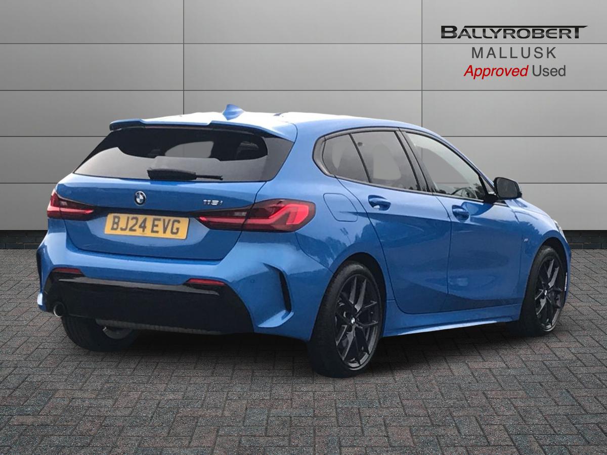 2024 BMW 1 Series BMW 1 SERIES 118i [136] M Sport 5dr Step Auto [LCP] Front sports seats, Height adjustable front head restraints, 3 rear seat head restraints, 3 seat bench in 2nd row, Driver and front passenger seat heating, Child seat ISOFIX attachment for two outer rear seats and front passenger seat with anchorage points, Single front passenger seat, M sport suspension, Anti roll bar front and rear, Drive Performance Control, Twin tube gas filled shock absorbers with degressive characteristic curve, On board computer, Personal Profile, BMW Teleservices, Optimum shift indicator, Oil sensor for level and grade, Check Control warning system for monitoring of lights and door/luggage compartment open warning, Integrated owners handbook, BMW ConnectedDrive online services, Rigidly mounted rear subframe - Multi link construction with separate spring / damper configuration and excellent driving characteristics, Locking wheel bolts, Central locking switch for all doors, fuel filler cap and luggage compartment, Thatcham Cat.1 alarm and immobiliser, Deadlocking function system to all doors, Remote control with integrated key with High-gloss Black inlay and M designation and 1 button for open/ close lock, window, open luggage compartment, Drive away locking system on all doors and luggage compartment with de-activated in iDrive settings, Wheel slip limitation close to the actuator (ARB), Start/stop button illuminated in centre console with keyless engine start and auto start stop deactivation button, Side impact protection, Seatbelt warning, Warning triangle and first aid kit, Tyre pressure monitoring system, BMW emergency call, 2 tone horn, Driver and front passenger seat belt security check, 3 point seatbelts on all seats, front pyrotechnic belt tensioners, stopper and belt force limiters, rear coded belt buckles, Child proof locking system in rear door, Crash sensor activating central locking release, hazard warning lights, fuel cut off, interior lighting + activation of safety battery terminal clamp, Airbags - Front driver/passenger, front and rear curtain head protection, front side, manual deactivation of front passenger airbag, Crash sensor activating of airbags, Unlocking doors, hazard warning lights, interior light, safety battery terminal, Anthracite headlining, Manual adjust steering wheel, Glove compartment, Front armrest, Multi-function controls for steering wheel, Folding rear clothes hook, Storage compartment in luggage compartment, Storage compartment in centre console, Front and rear door pockets with bottle holders, Conditioned based service, Four grab handles integrated in roof lining, Front and rear side armrest integrated into door trim, Driver and front passenger backrest net on rear, Dakota leather upholstery with perforation and contrast stitching, Driver side folding compartment in instrument panel, 12V power socket in front centre console with blanking plug, Type C two USB ports in rear centre console, Stowage of the parcel shelf in luggage compartment trim, 3 spoke sports leather steering wheel with black leather and stitching, pearl chrome decorative finish, specific M Badge, Two front centre console cupholders, Luggage compartment for bag hooks on left and right, foldable luggage compartment liner and two lashing eyelets, Luggage compartment for bag hooks on left and right, foldable luggage compartment liner and four lashing eyelets, Cargo function on 2nd seat row, Black boot net with lashing eyes, Body colour door handles, Shark fin antenna, Visible VIN plate, Front and rear bumper system with replaceable deformation elements, Lightweight engineering, Chrome 'M' logo side designation, Body colour roof trims, Fading support, Matt black air guide grilles, Chrome kidney grille frame with Satin Aluminium struts, Front door sill finishers in black plastic with M designation in metallic look, High gloss shadowline window frame, Recess cover mirror frames and B/C pillar embelisher trim, Model designation on electric bootlid, Chrome exhaust twin tailpipes round 90mm in left, Matt black wheel arch trim, Rear side wing doors, High level third brake light, Follow me home headlights, Automatic headlight beam throw control, Welcome lighting, LED daytime running lights, LED Headlights, LED front fog lights, Rear fog lights, Direction indicator side lights in exterior mirrors, Nearside reverse light in rear light cluster, LED eyebrow turn indicators, Preparation for high beam assistant, Auto dimming rear view mirror, Body colour mirror caps, Heated, electrically adjustable exterior mirror aspheric on driver side, convex on passenger side, Folding side mirrors with auto dimming/folding wing mirrors with auto dimming, Electrically adjustable exterior mirror with mirror adjustment switch on drivers armrest and aspheric on driver side, convex on passenger side, Cornering brake control, Dynamic Traction Control - DTC, Brake drying, Front and rear disc brakes, Anti lock braking system (ABS) with brake assist, Braking readiness, Dynamic stability control + (DSC+), City braking function, Electrically operated hand brake including automatic hold function, Comfort modes, Lane departure warning system, Cruise control with brake assist, Speed limiter, Attentiveness assist, Active guard plus, Cruise control with speed limiter, Front axle single joint with specific axle kinematics to minimise drive influences on steering + provide increased rigidity agile driving behaviour, Speed limit Info including no-overtaking indicator, Ambient interior lighting, DAB Digital radio, Stereo speaker system with 2 mid range speakers in the front door trims and rear parcel shelf + 2 central bass speakers underneath the front seats, Interior lights pack - 1 Series, Connected pack professional - 1 Series, M Sport exterior styling aerodynamics pack - 1 Series, Additional interior lighting pack - 1 Series, Additional storage compartment pack - 1 Series, BMW live cockpit professional pack- 1 Series, Additional storage compartment pack with code 493 -1 series, Electronic differential lock, 7 speed automatic transmission with double clutch technology, Petrol Particulate Filter, High precision injection, Balancer shaft, VALVETRONIC engine management, Aluminium lightweight construction, Double VANOS twin scroll turbocharging system, Velour floor mats, Floor mats in anthracite velour with contrasting colour seam to match contrast stitching on instrument panel, Rear window wiper, Green tinted heat protection glazing, Front and rear electric windows with open and close fingertip control, anti trap facility and comfort closing, Automatic windscreen wipers and automatic headlight, Integrated front windscreen with washer jets, Reduced rolling resistance tyres, Electrically powered 12V compressor, Eco pro mode, Pull away assistant, Two zone automatic air conditioning, Contrast stitching on instrument panel, 18" Burnished M double spoke bi-colour alloy wheels finished in orbit grey - style 819M, Sun visors with vanity mirrors and insert tab, Bluetooth / WiFi interface for wireless connection of mobile terminal devices and audio streaming, Trailer stabilisation logic - vehicle photo 15 for sale on PureCar