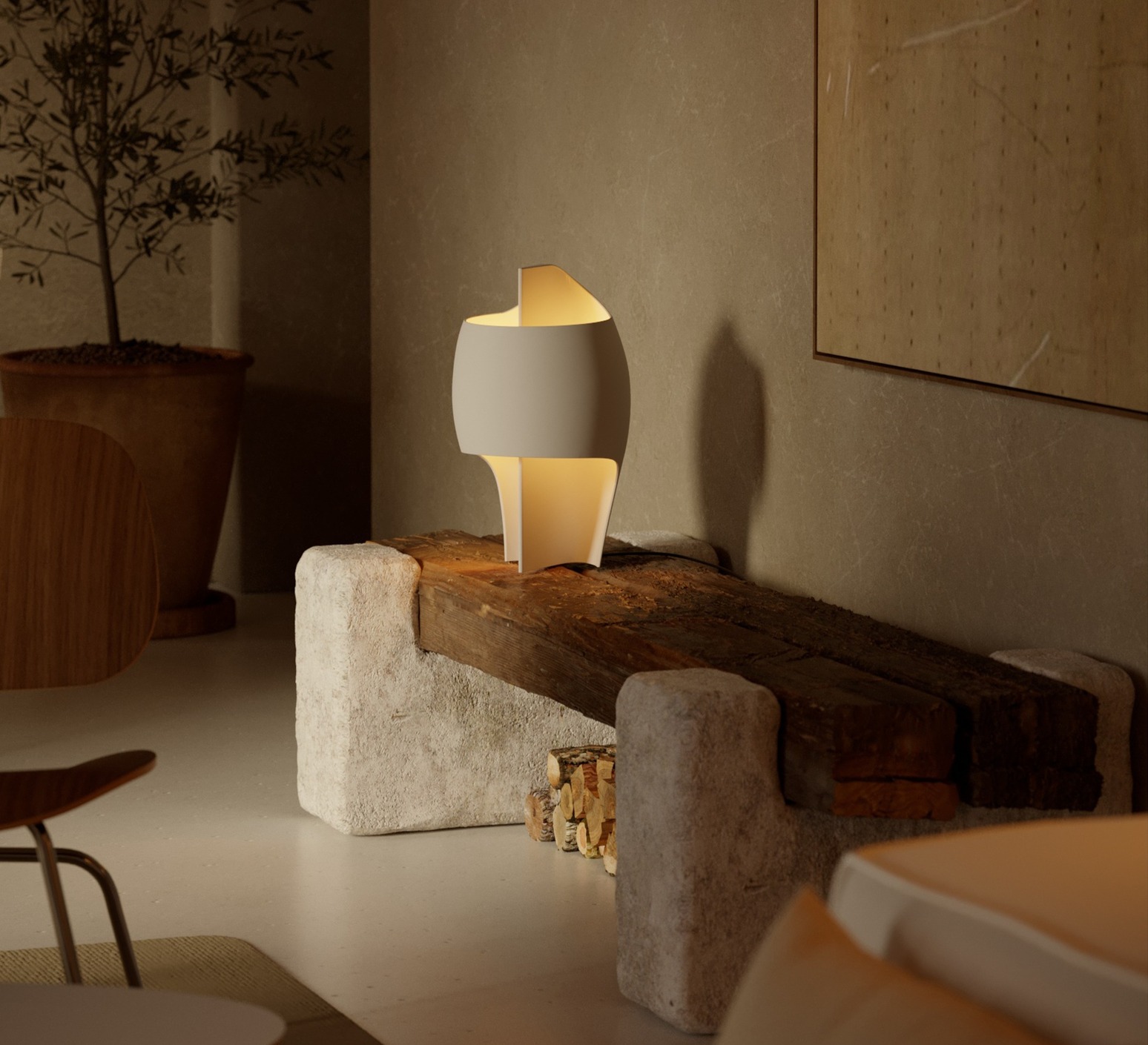 Tischleuchte, Lampe B, weißer Gips, LED, 2200K, 750 lm, L24cm, H39cm - Thierry Dreyfus -DCW éditions Paris
