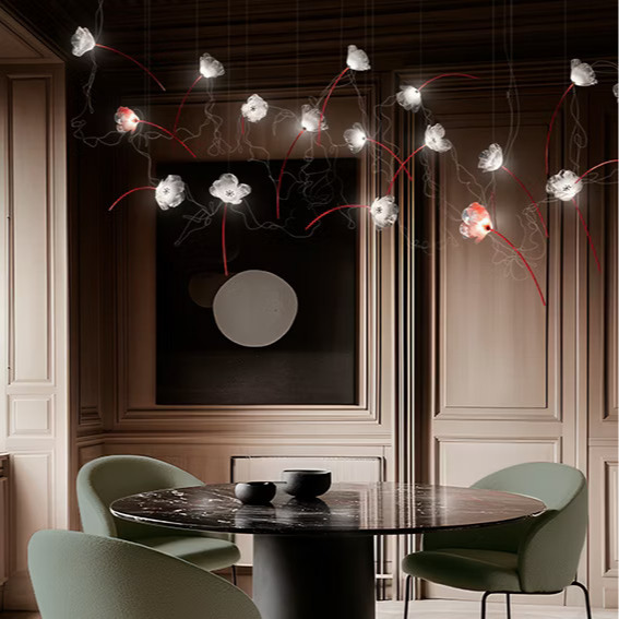 Suspension lamp, Poppy 14, prisma, red-coated brass, LED, dim