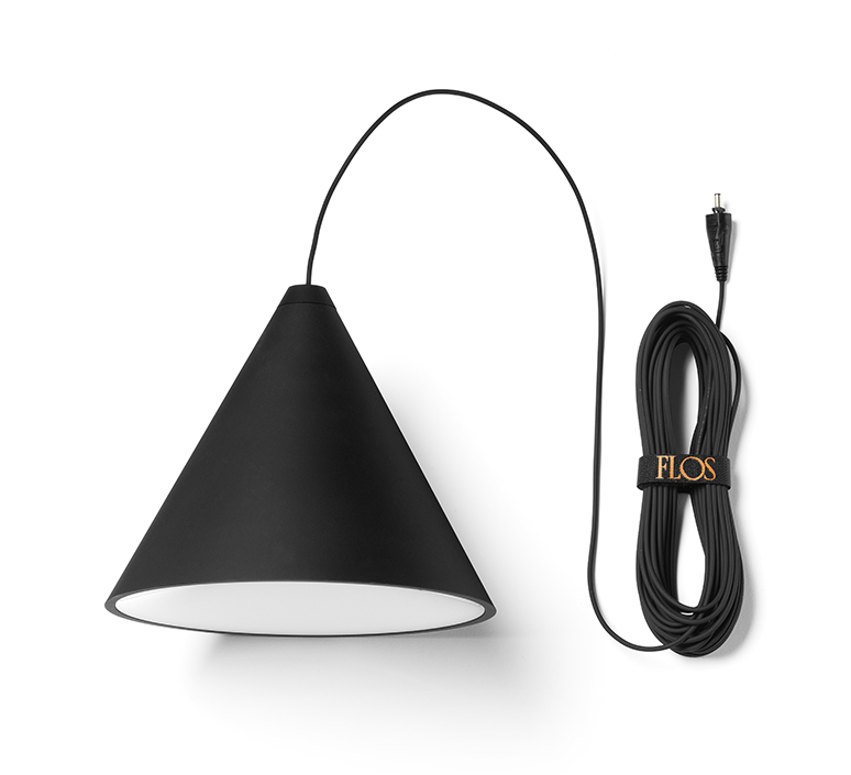 Pendant light, String Light (cone, 12m, alimentation sol), black, LED, 2700K,  1033lm, Ø19cm, H16cm - Flos - Nedgis Lighting