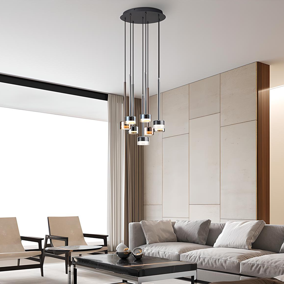 Suspension 8 lights, Tonic, transparent, chrome, bronze and copper