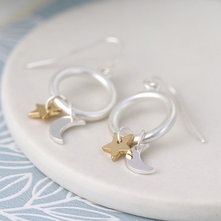 Moon & Star Gold Plated Hoop Drop Earrings Moon & Star Gold Plated Hoop Drop Earrings