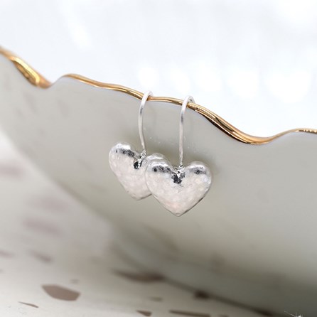Worn Silver Plated Hammered Heart Hook Earrings Worn Silver Plated Hammered Heart Hook Earrings