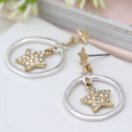 Worn Crystal Inset Star in Silver Plated Hoop Earrings Worn Crystal Inset Star in Silver Plated Hoop Earrings