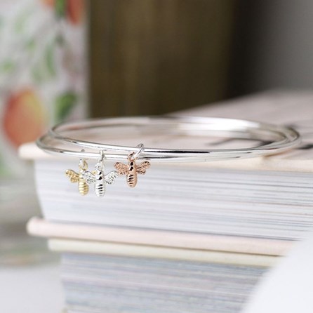 Three Strand Bangle with Bee Charms Three Strand Bangle with Bee Charms