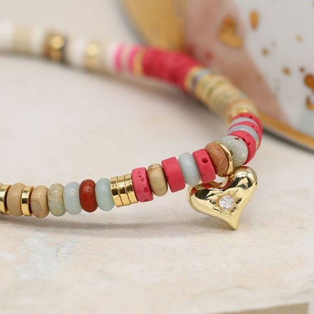 Pink Mix Semi Precious Stone Bracelet with Heart Charm Pink Mix Semi Precious Stone Bracelet with Heart Charm