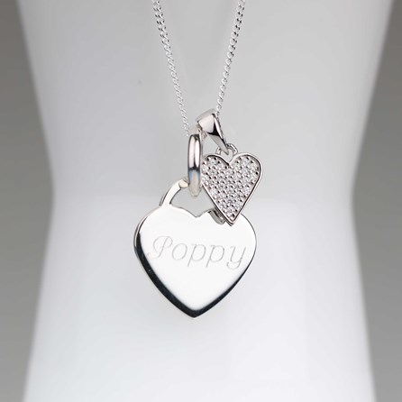 Engraved Silver Heart Necklace With Sparkly Heart Engraved Silver Heart Necklace With Sparkly Heart