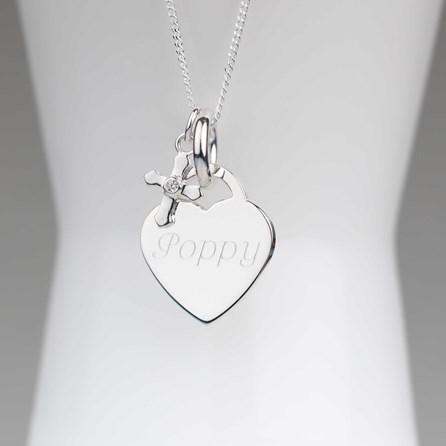 Engraved Silver Heart Necklace With Christening Cross Engraved Silver Heart Necklace With Christening Cross