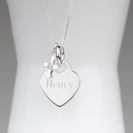Engraved Silver Heart Necklace With Christening Cross Engraved Silver Heart Necklace With Christening Cross