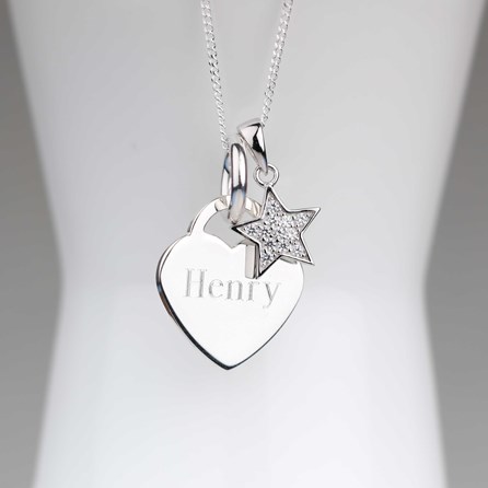 Engraved Silver Heart Necklace With Star Engraved Silver Heart Necklace With Star