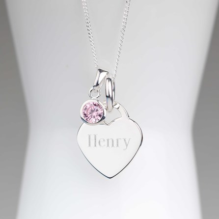 Engraved Silver Heart Necklace With Birthstone Engraved Silver Heart Necklace With Birthstone