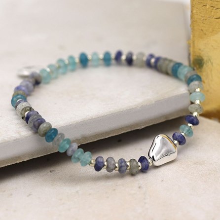 Blue Mix Bead Bracelet with Silver Plated Pebble Blue Mix Bead Bracelet with Silver Plated Pebble