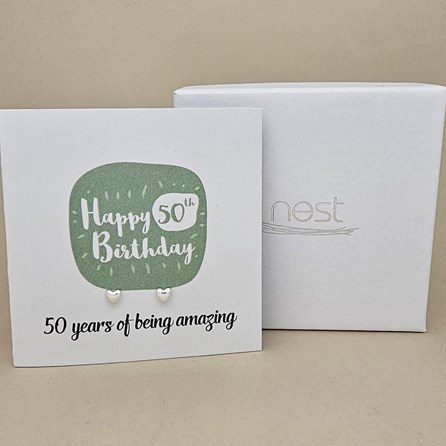Boxed 50th Birthday Heart Stud Earrings Card Boxed 50th Birthday Heart Stud Earrings Card