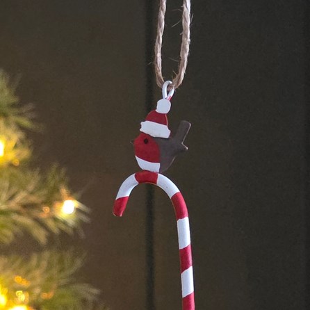 Candy Cane and Robin Hanging Christmas Decoration