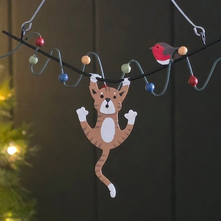 Cat Hanging from Fairy Lights Christmas Decoration