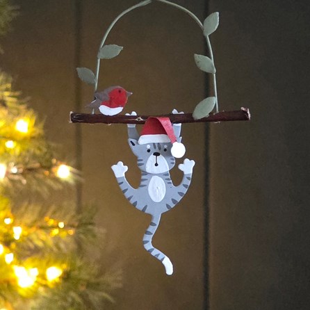 Cat Swinging On Branch Hanging Christmas Decoration
