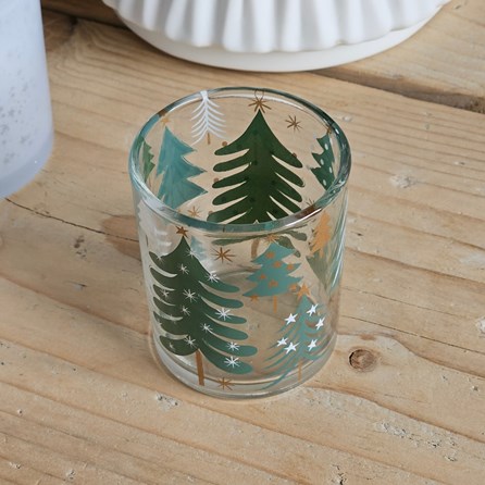 Clear Glass Tea Light Holder With Green Trees Clear Glass Tea Light Holder With Green Trees