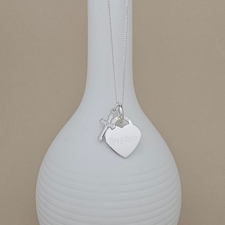 Engraved Silver Heart Necklace With Baptism Cross Engraved Silver Heart Necklace With Baptism Cross