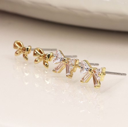 Faux Gold Bows and Crystal Bows Double Stud Earring Set Faux Gold Bows and Crystal Bows Double Stud Earring Set