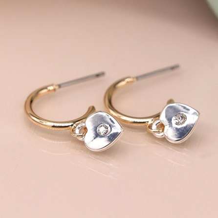 Faux Gold Open Hoop Heart Earrings with Mini Crystal Faux Gold Open Hoop Heart Earrings with Mini Crystal