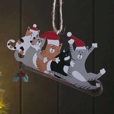 Five Cats on a Sledge Hanging Christmas Decoration